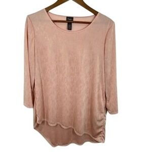 Travelers‎ by Chico's Liquid Knit Top Pink Gold Metallic 3/4 Sleeve Asymmetrical
